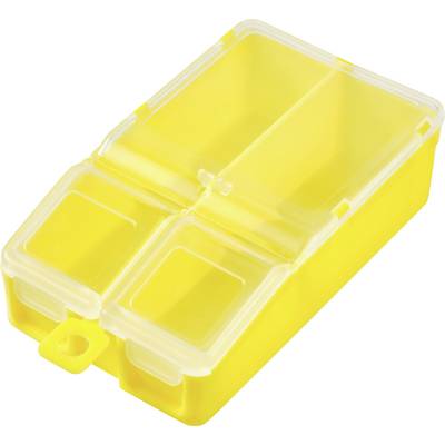 Yellow, rectangular plastic container with a transparent lid, divided into three compartments. Perfect for storing small items.