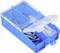 A blue plastic box with an open lid, filled with silver screws and white wall plugs.
