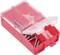 Red sorting box with compartments, filled with screws and wall plugs.