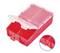 Red, open plastic storage box with multiple compartments, suitable for storing small items; detailed view of a section of the divider.