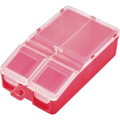 Red plastic storage box with two small and two larger compartments, transparent lid. Suitable for storing small items.