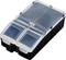 A black, rectangular organiser with transparent, separate compartments for storing small items or accessories.