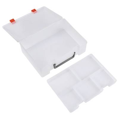 White plastic storage box with compartments, lid shown open and closed, suitable for tools or small items.