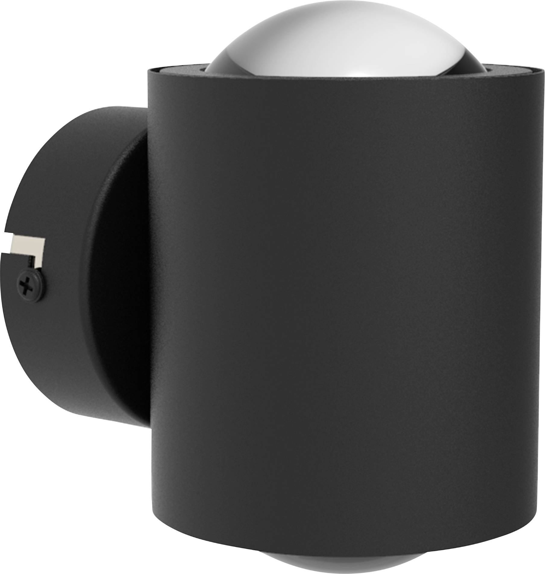Black, cylindrical outdoor wall light with a round cover, emitting light upwards and downwards. Mounted on a wall bracket.