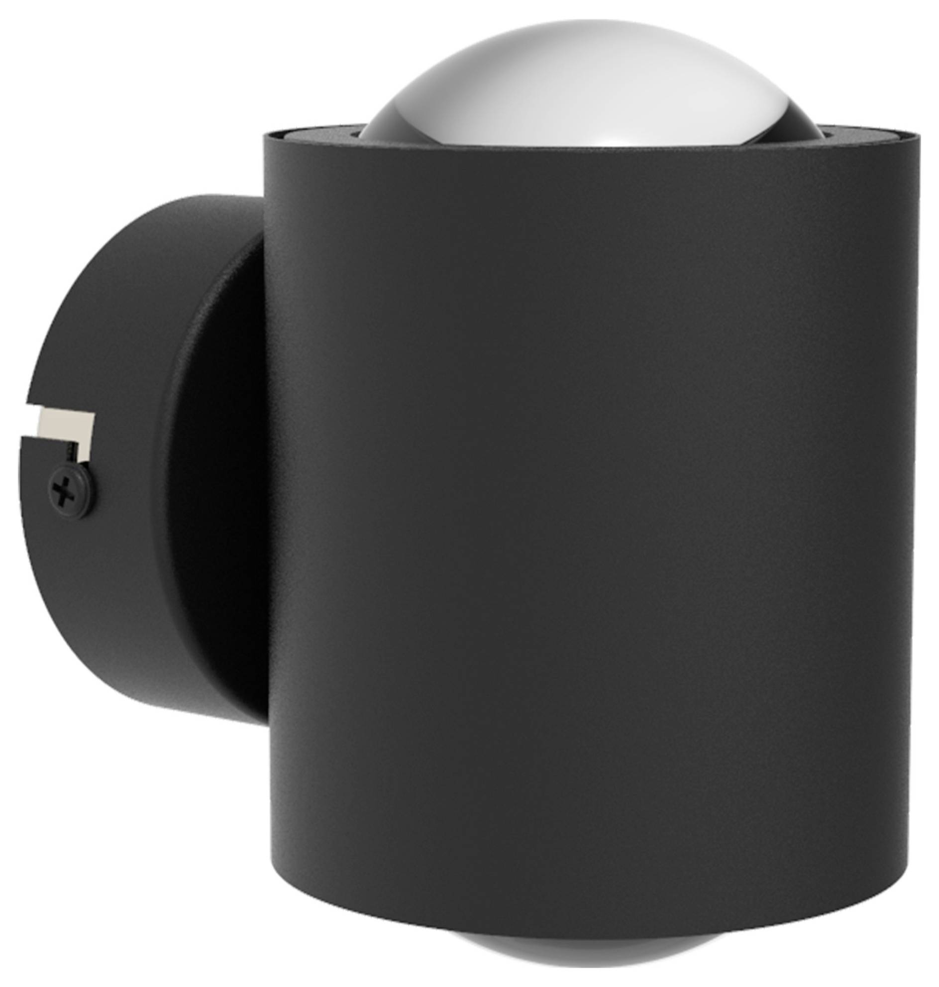 A black, cylindrical exterior light with light sources directed upwards and downwards, mounted on a wall bracket.
