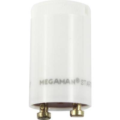 A cylindrical starter for fluorescent lamps by Megaman, white with metal contacts at the base.