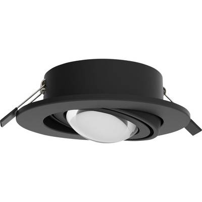 Black, round ceiling spotlight with adjustable light source, suitable for targeted lighting in interior spaces.
