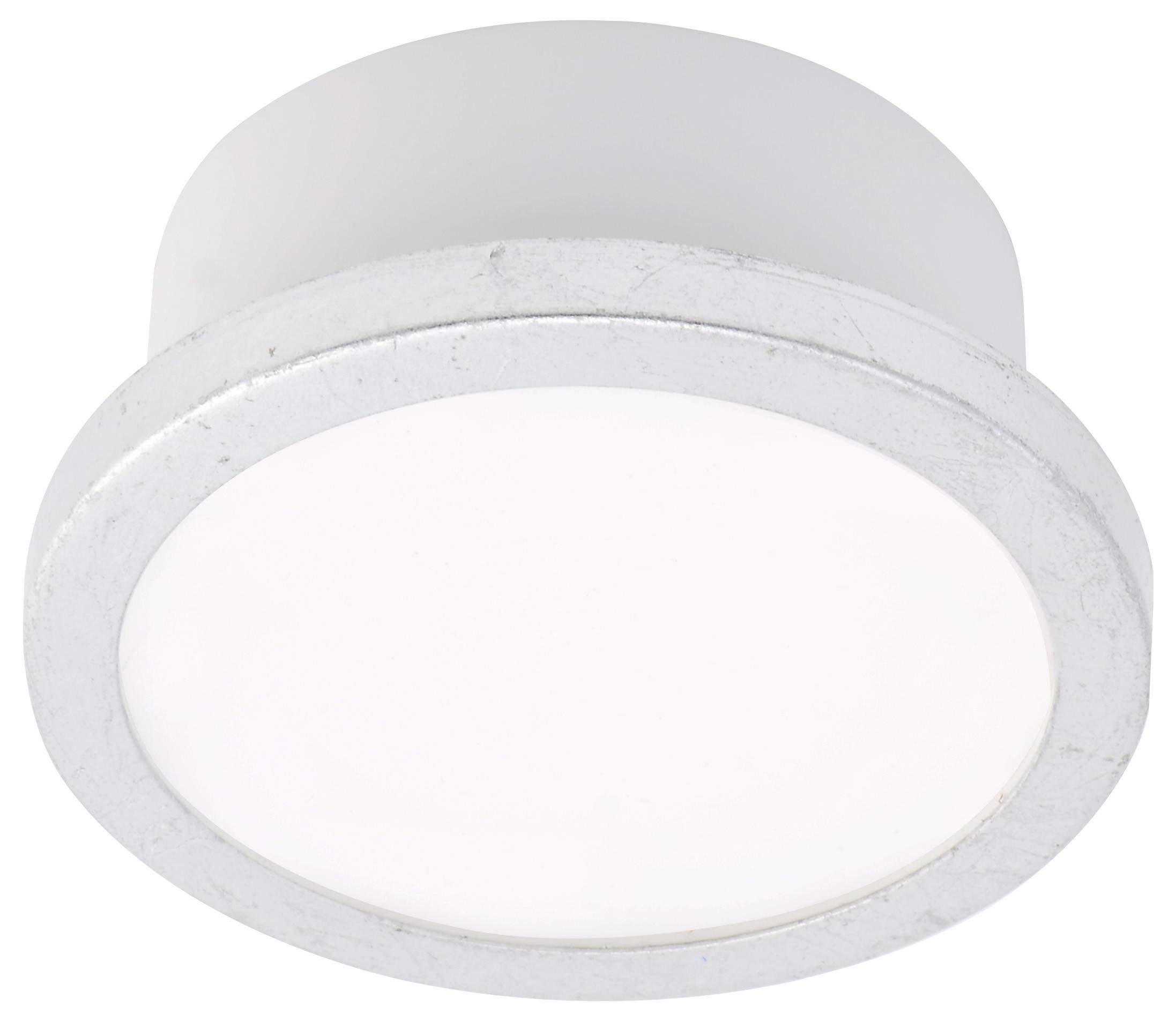 Round, white ceiling light with a silver rim. It illuminates evenly and is suitable for modern interiors.