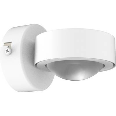 White, round wall light with a wide shade and a smooth surface, mounted on a wall bracket with screw fixings.