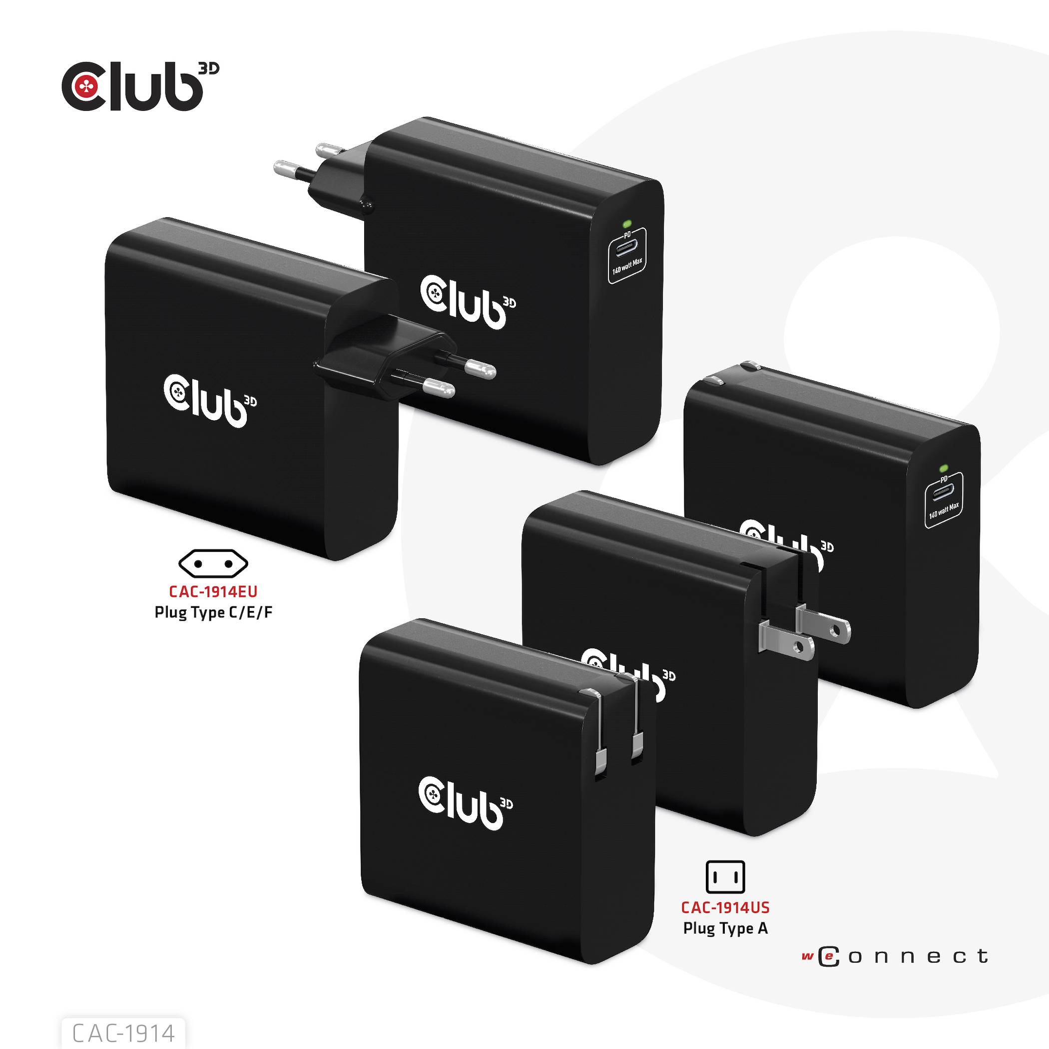 'Black Club 3D 140W Travel Adapter with USB-C Power Delivery. Image shows adapter, connection cable, and information on wall power compatibility.'
