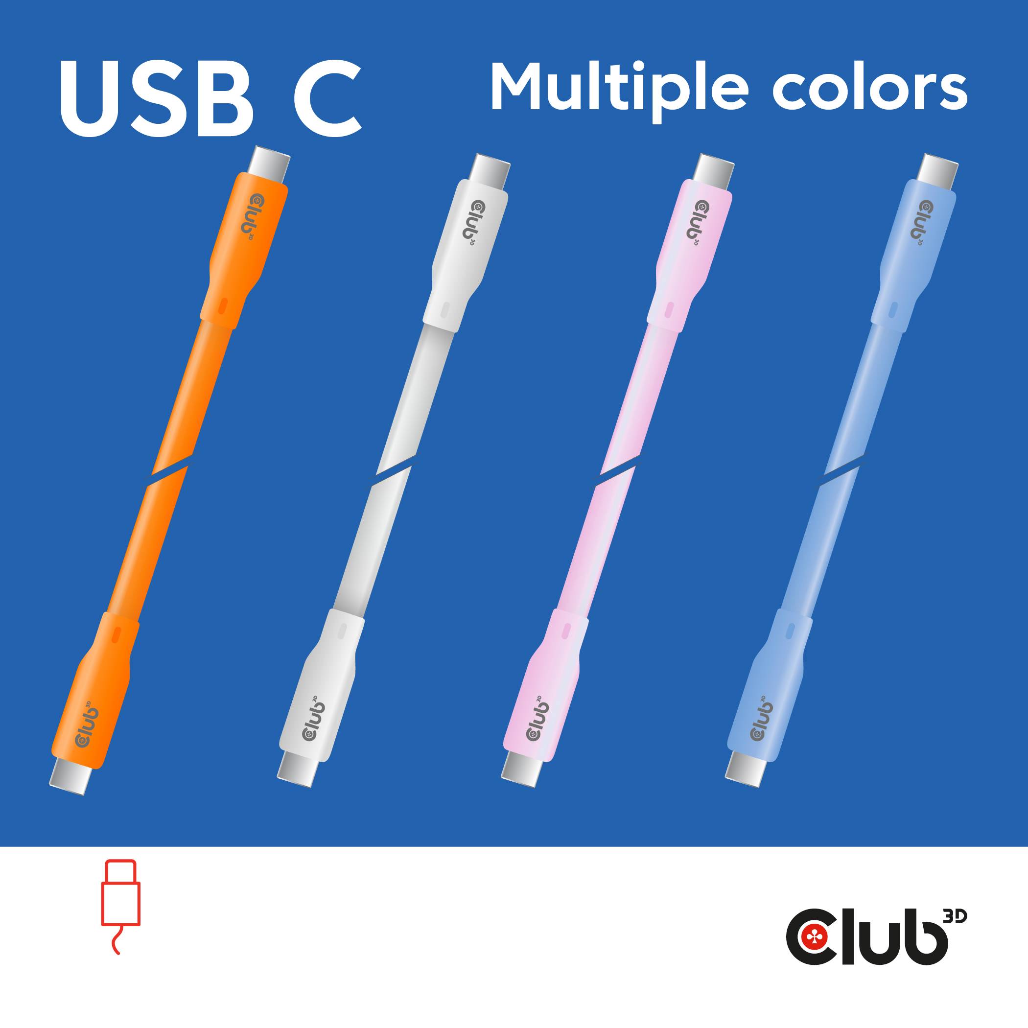 'USB C cable' in white, Club3D brand, model CAC-3001, against an orange background with logo.