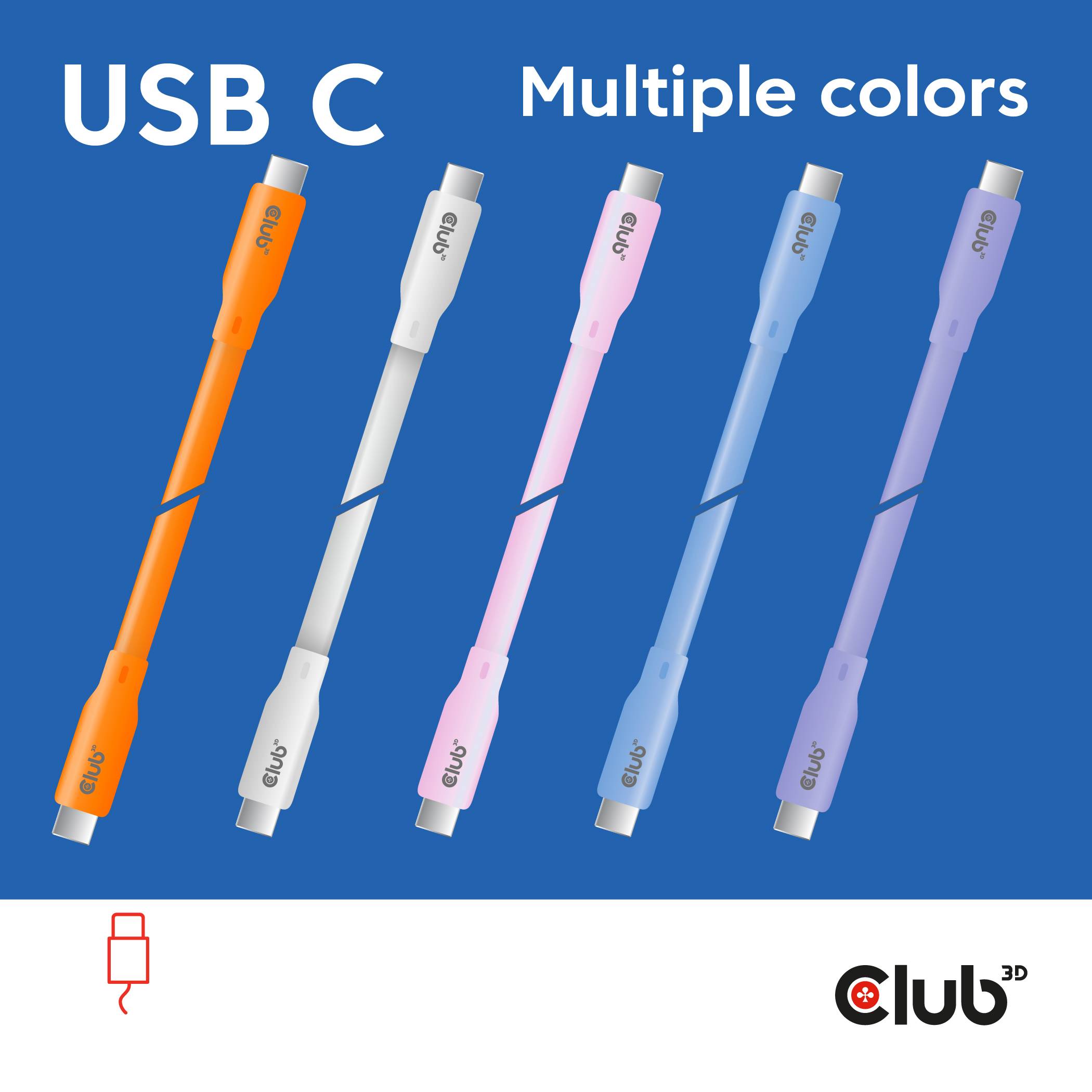 A purple USB-C cable on a yellow background with the text 'USB C cable' in the top right corner and 'CAC-3004 Club3D' in the bottom left corner.