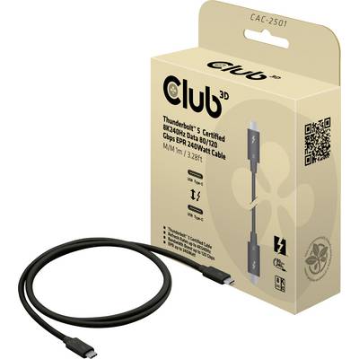 Packaging for a Club 3D Thunderbolt 4 Cable, 8K support, 1 metre in length. Cable positioned to the left, USB-C connection visible.