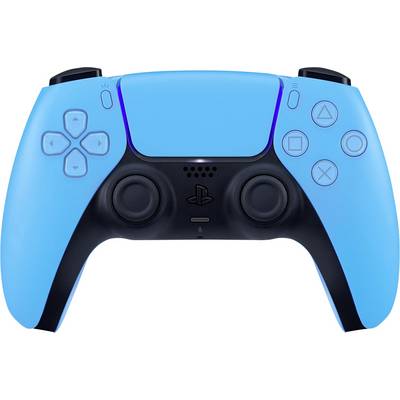 A blue video game controller with two joysticks and multiple buttons for game control.