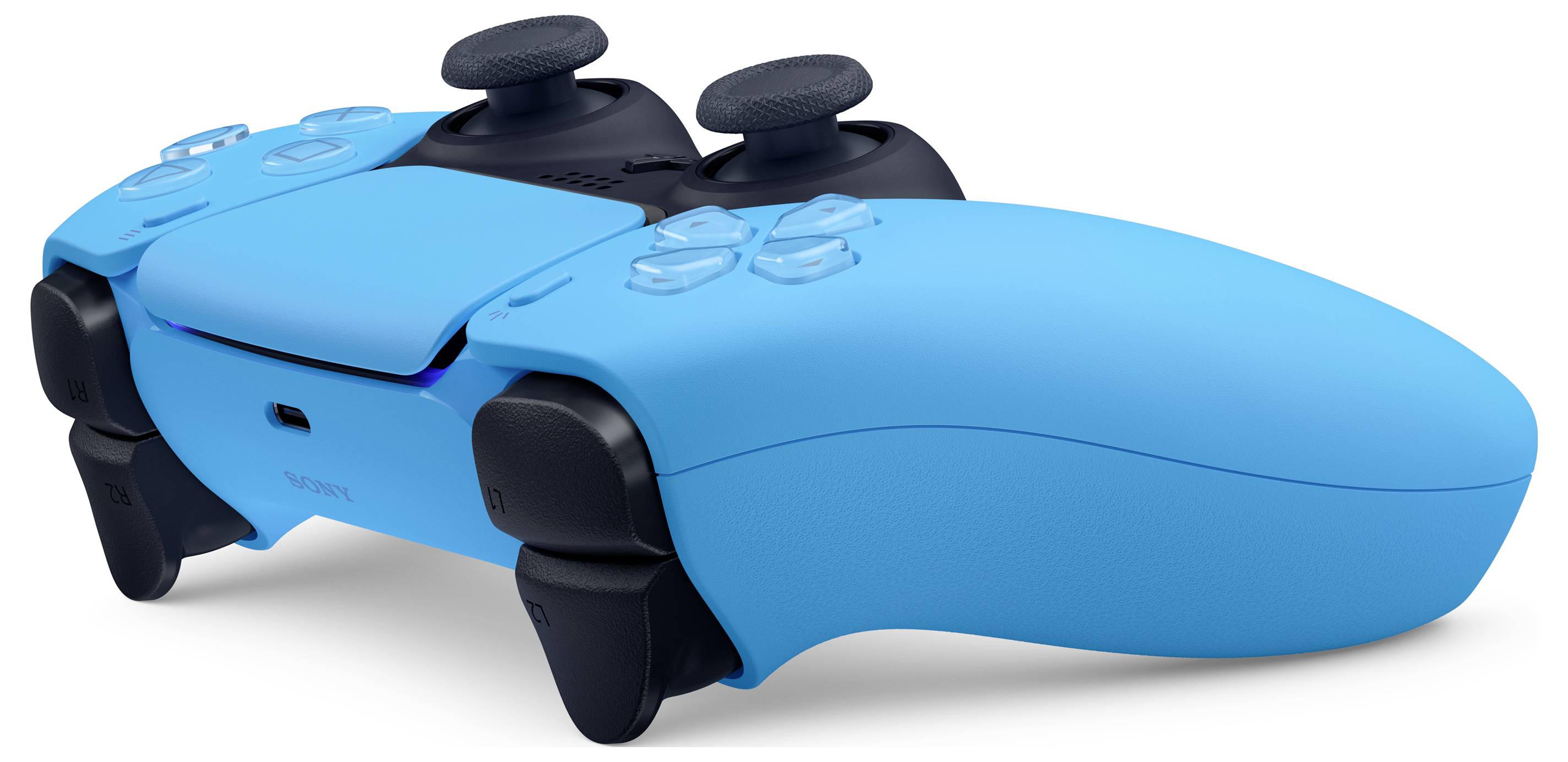 A blue gaming controller with black buttons and joysticks, lying on a white surface.