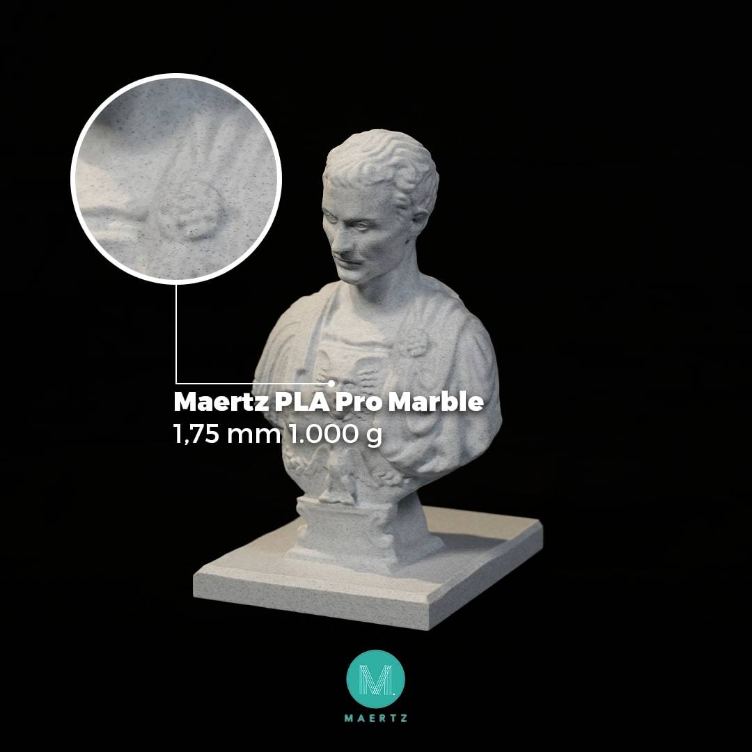 'Marble imitation bust. Detailed view of a rose pattern on the surface. Text: Maertz PLA Pro Marble 1.75 mm 1,000 g.'