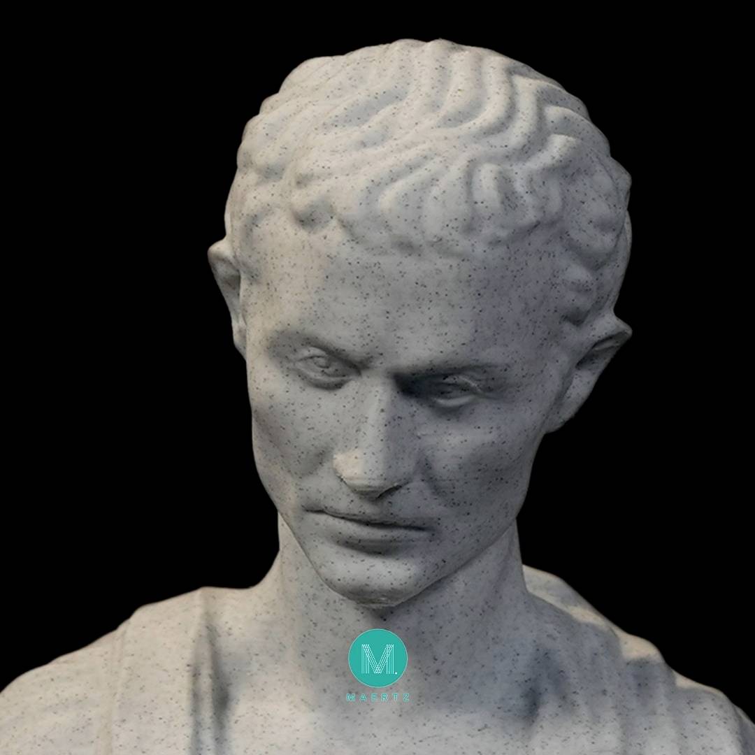 Bust of a sculpture of a male figure with a serious expression and detailed hairstyle, against a black background.