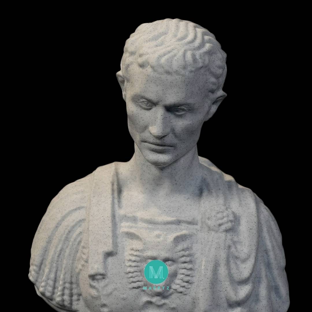 Bust of a man in Roman attire, with a contemplative facial expression, featuring an 'M' symbol on his chest.