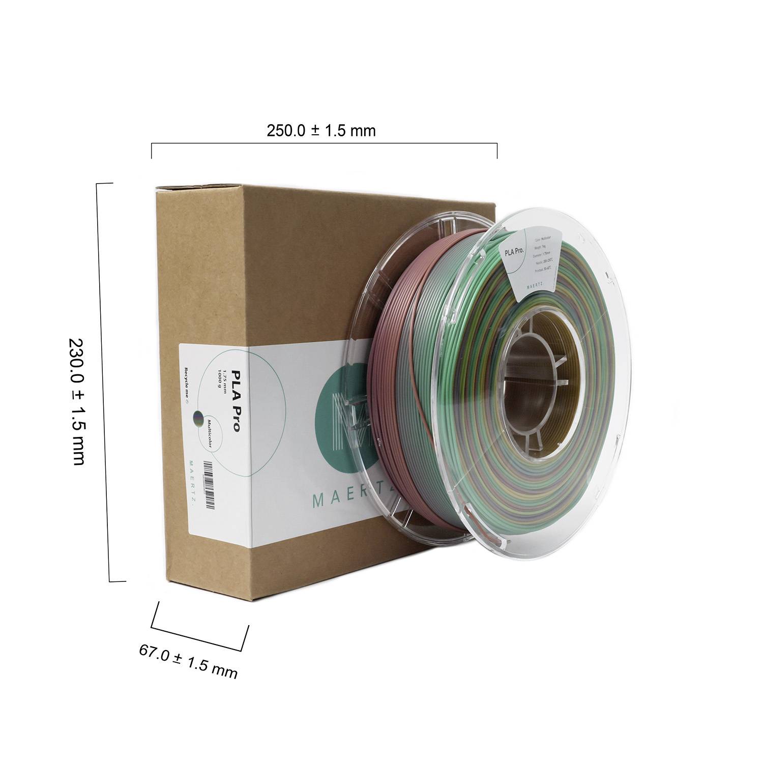Filament reel in pink-green with packaging. Text on the box: 'PLA Pro'. Dimensions: 250 x 2300 x 67 mm. Reel displays product details.