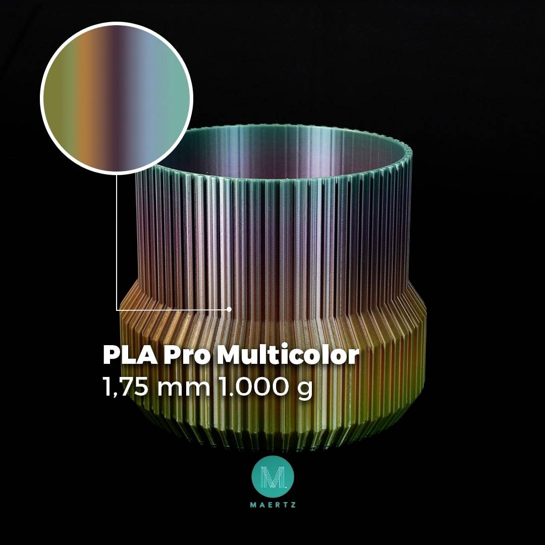 'PLA Pro Multicolour 1.75 mm 1,000 g' sits beside a rainbow-coloured, cylindrical 3D-printed object.
