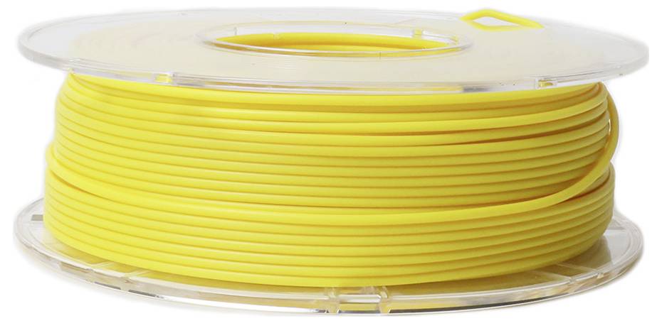 Yellow plastic filament spool for 3D printer, on a transparent plastic holder.