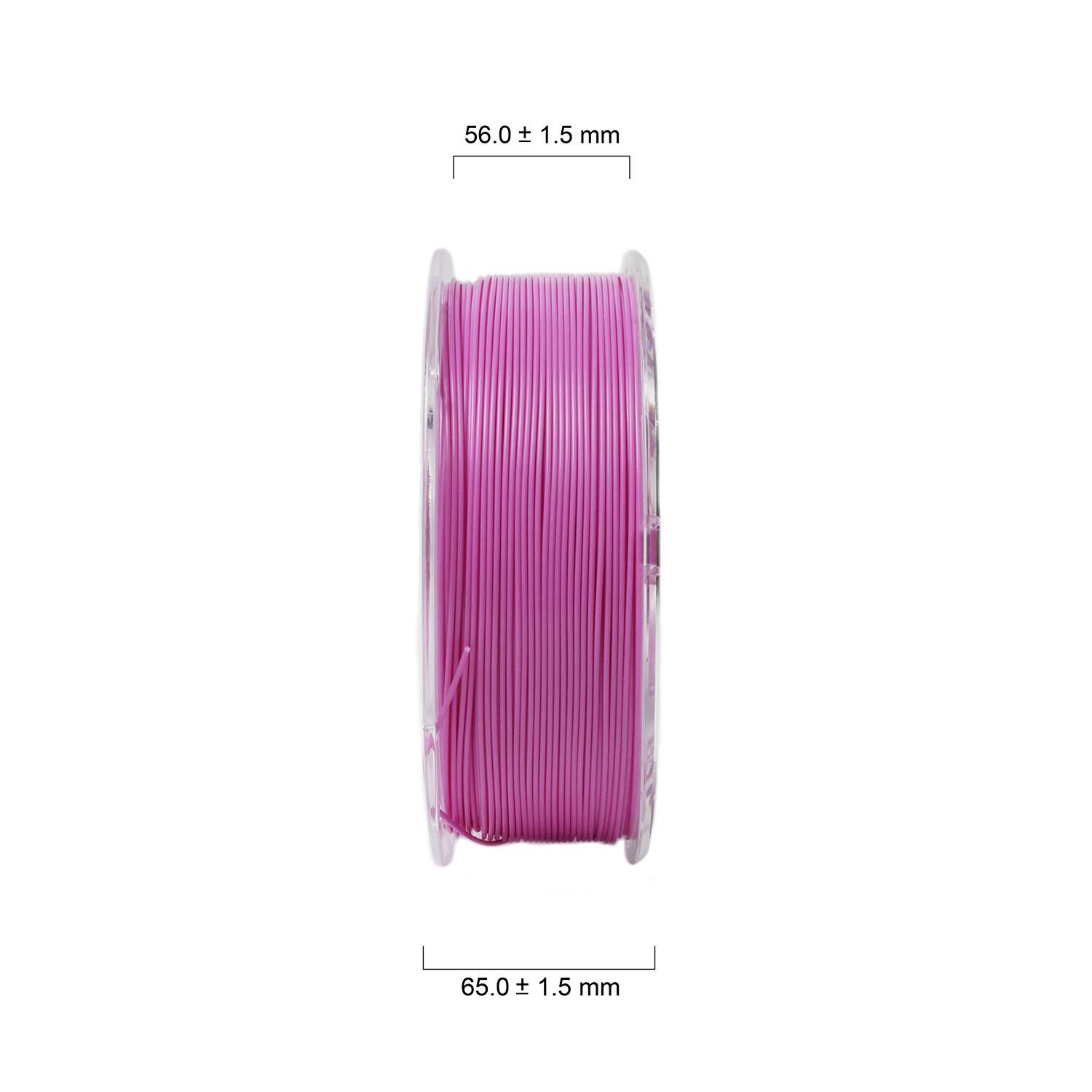 A spool of pink filament, side view. Labelled at the top 56.0 ± 1.5 mm and at the bottom 65.0 ± 1.5 mm.