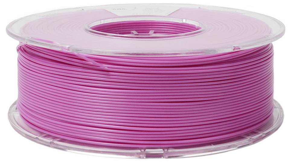 Roll of pink 3D printer filament on a transparent spool holder.