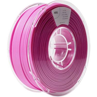 A roll of pink ABS filament for 3D printers, wound on a transparent spool, with a label on top.