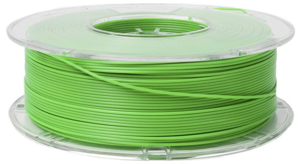 A reel of green plastic 3D printer filament on a transparent spool.