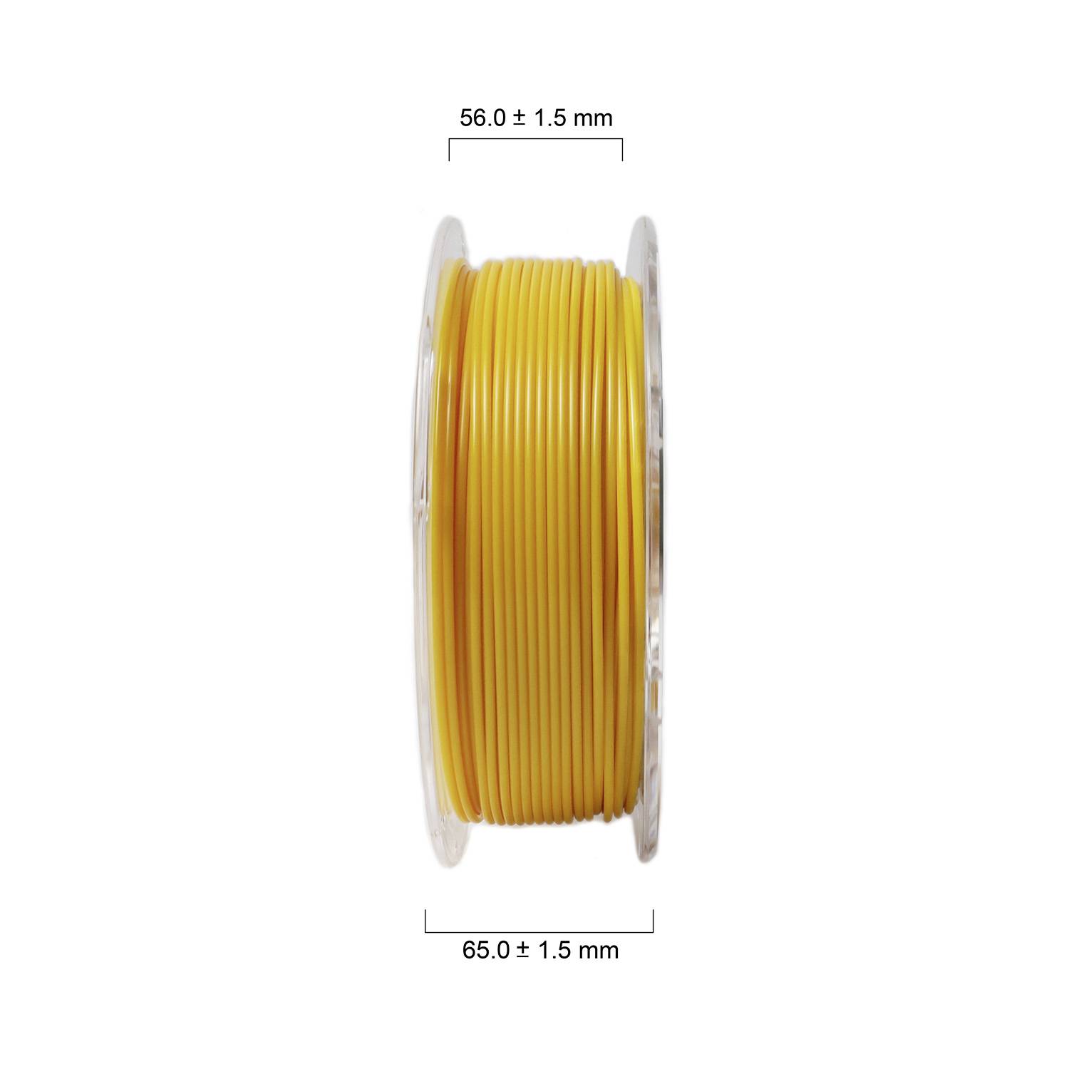 A reel of yellow filament for 3D printers, 56 mm diameter, 65 mm width.