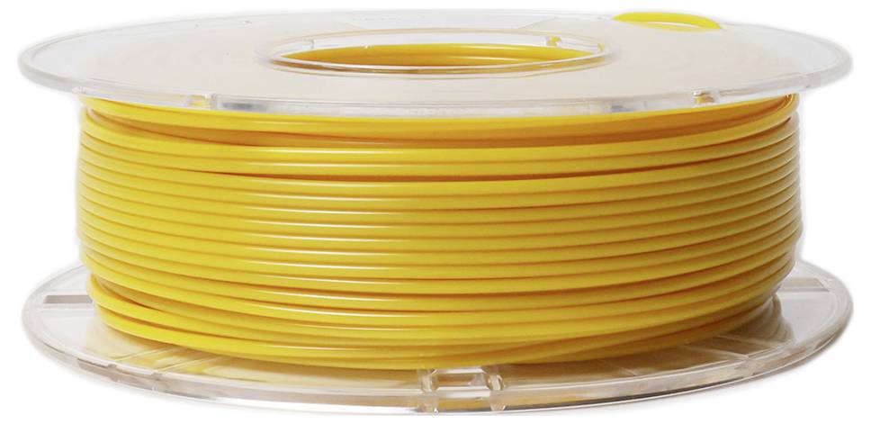 Yellow filament spool on a transparent plastic reel, ready for use in a 3D printer.