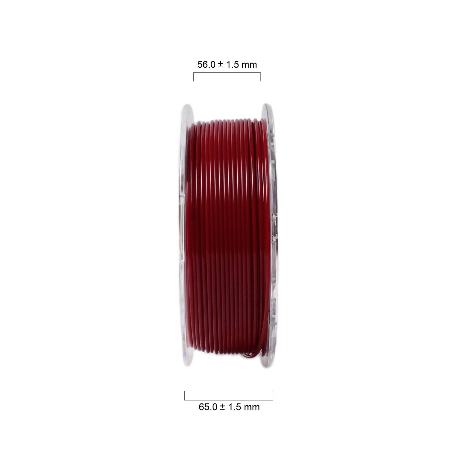 Red filament spool with dimensions: height 56.0 ± 1.5 mm and diameter 65.0 ± 1.5 mm.