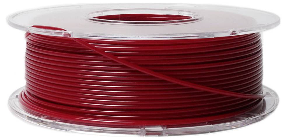 A transparent plastic spool with red filament, typically used for 3D printers.