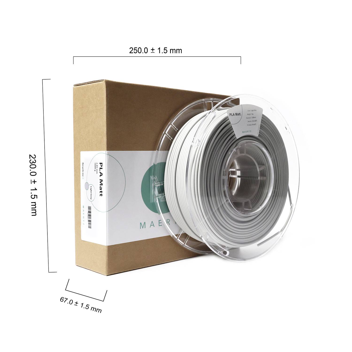 Spool of white filament for 3D printer next to a brown cardboard box. Dimensions: 250x230x67 mm.
