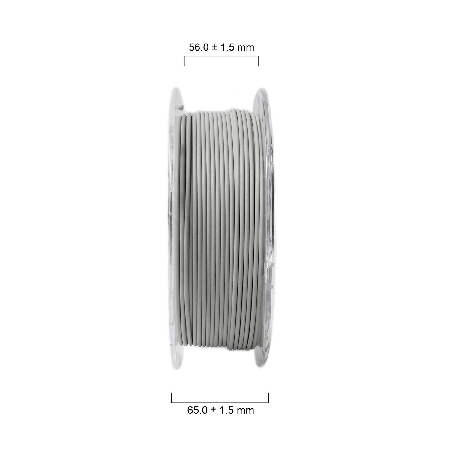 Plastic spool of 3D printer filament, dimensions: 65 mm width and 56 mm height.