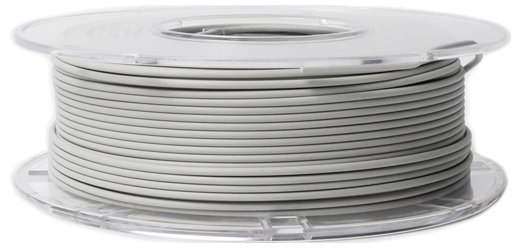 A reel of grey 3D printer filament on a transparent spool, ready for use in 3D printing.