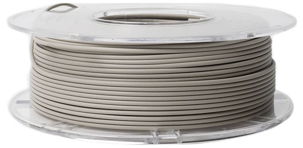 A roll of grey filament for 3D printers on a transparent plastic spool.