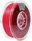 Reel of red PLA filament, recycled material, for 3D printer. Transparent casing, material composition details on label.