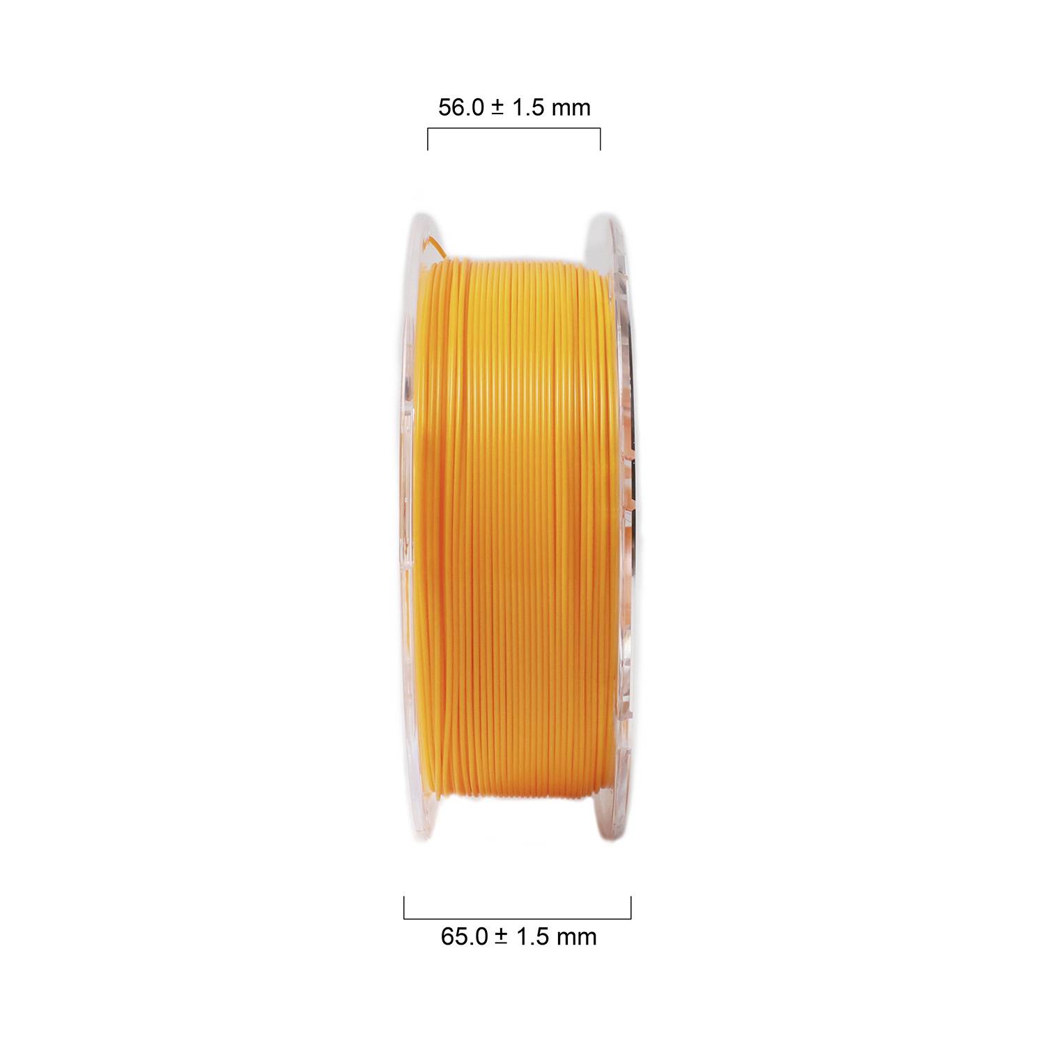 An orange cotton reel with dimensions of 56.0 ± 1.5 mm and 65.0 ± 1.5 mm. It is positioned vertically in the centre of the image.