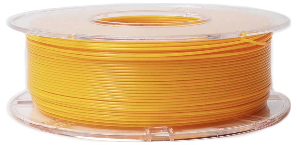 Roll of transparent plastic with wound orange filament used in 3D printers.