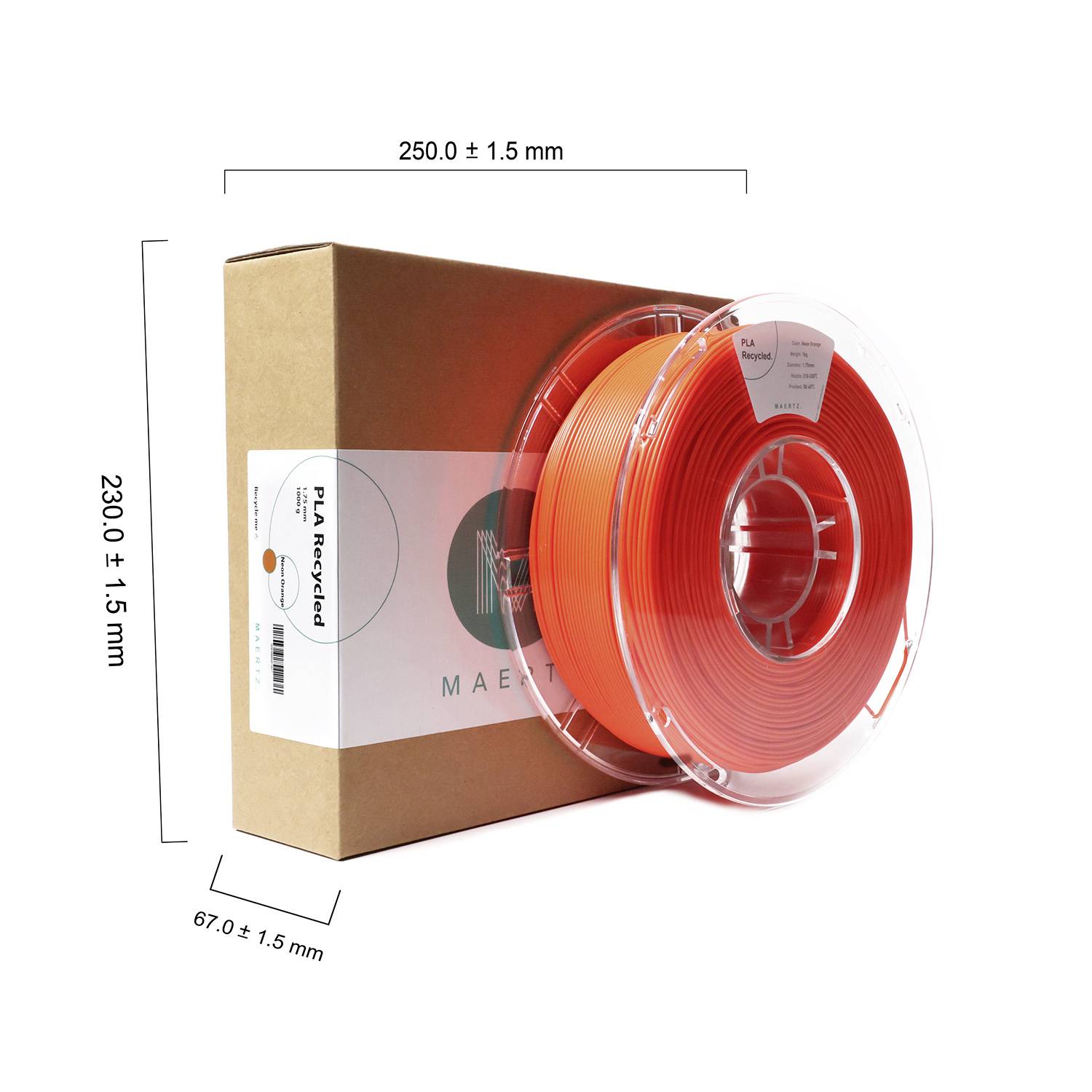 'PLA Recycled Filament, 1.75 mm, 1 kg, Colour Orange', packaged, Dimensions: 250x230x67 mm. Contains spool in cardboard box.