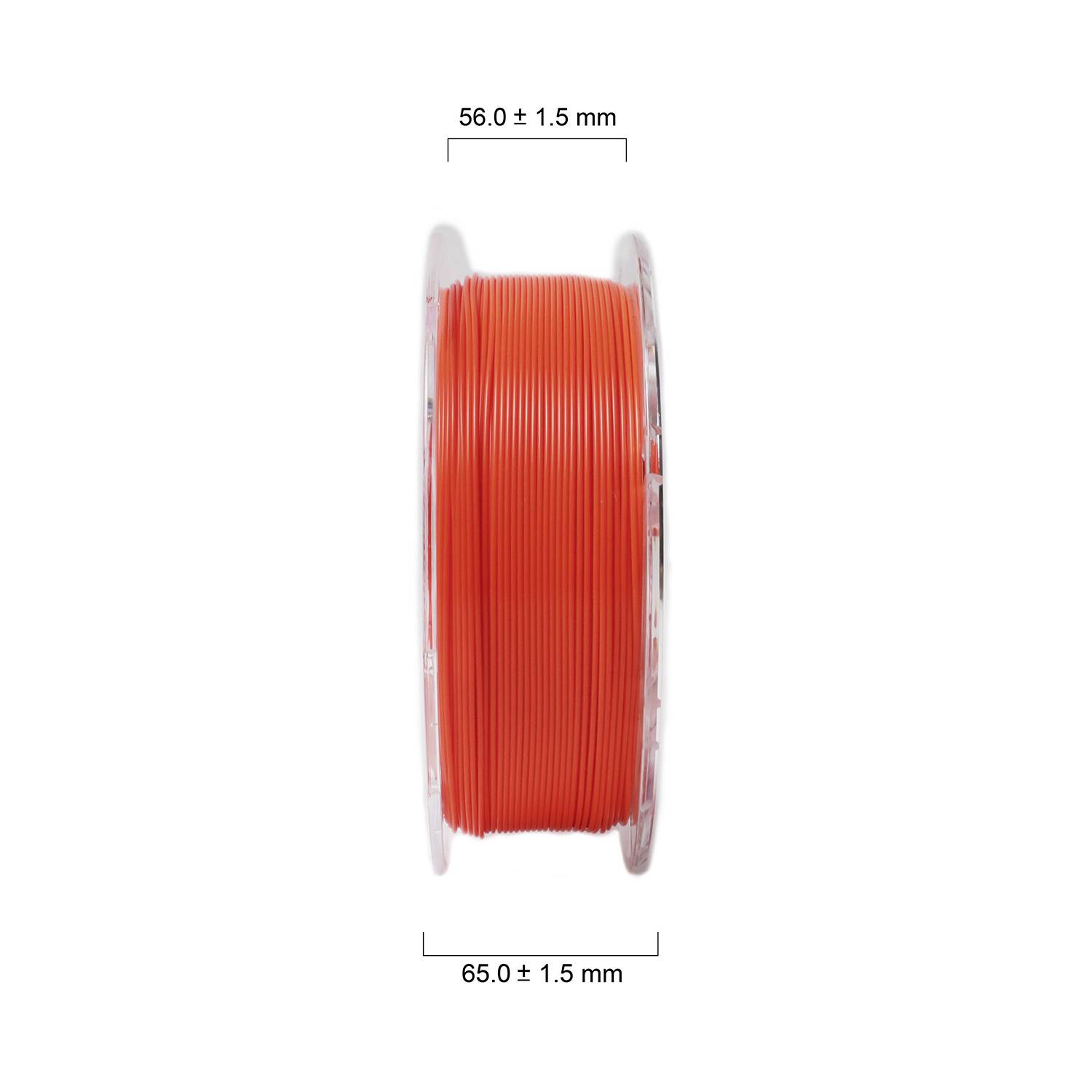 Roll with red filament, viewed from the side. Diameter specifications above: '56.0 ± 1.5 mm', below: '65.0 ± 1.5 mm'.