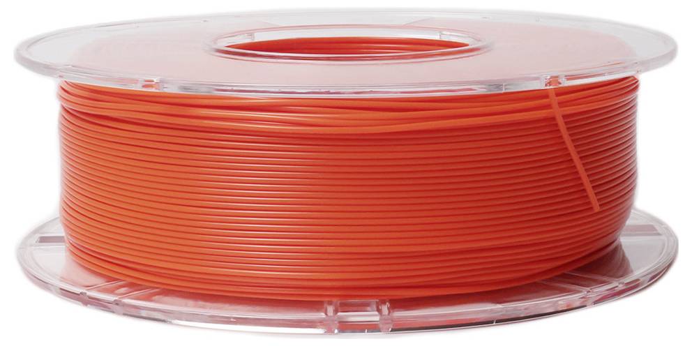 A transparent spool with bright orange 3D printing filament, evenly wound, suitable for 3D printing projects.
