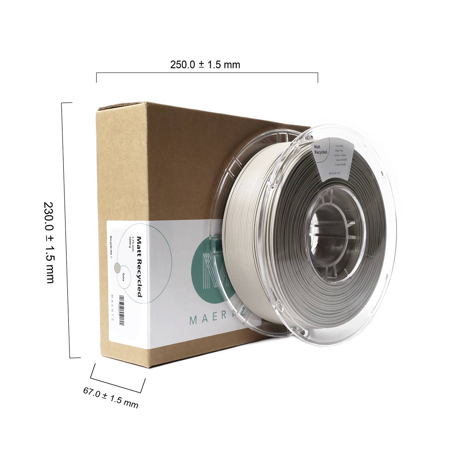 'Maertz' recycled PLA filament with cardboard packaging. Spool: 1kg, Diameter: 1.75mm. Dimensions: 250x230x67mm. Colours: Natural tones.