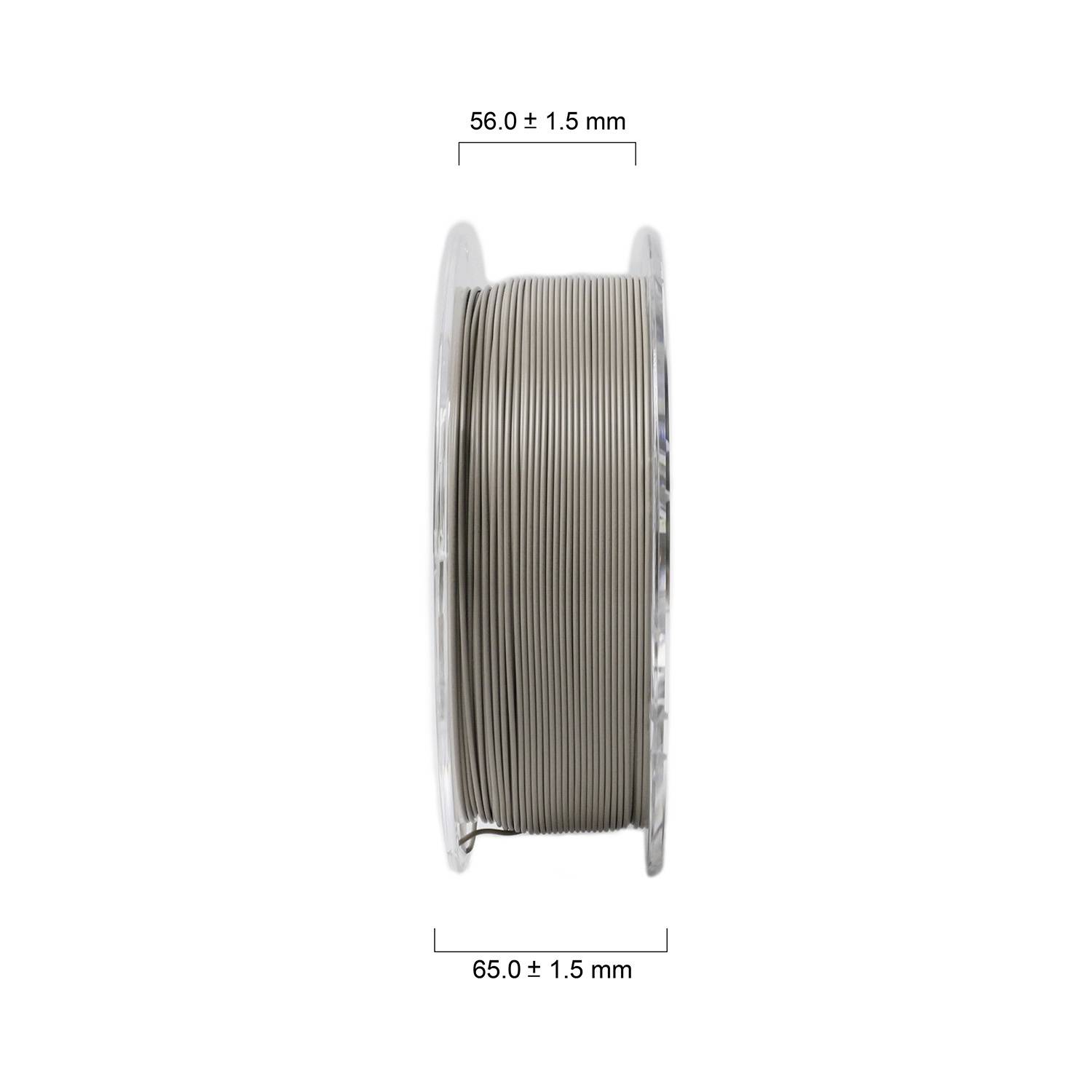 A spool with filament, side view. Diameter: 65.0 ± 1.5 mm; Width: 56.0 ± 1.5 mm.