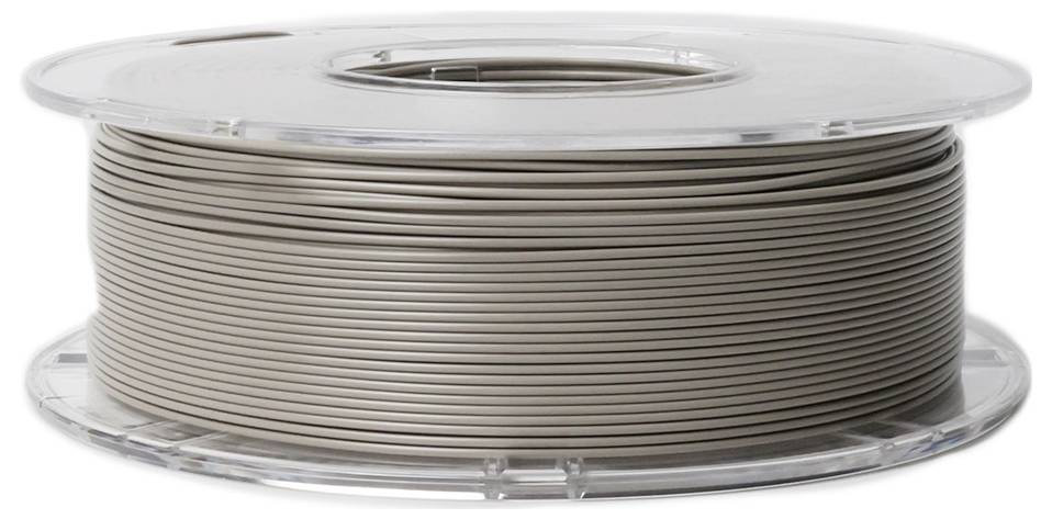 A reel of grey 3D printer filament, wound on a transparent spool, suitable for use in 3D printers.