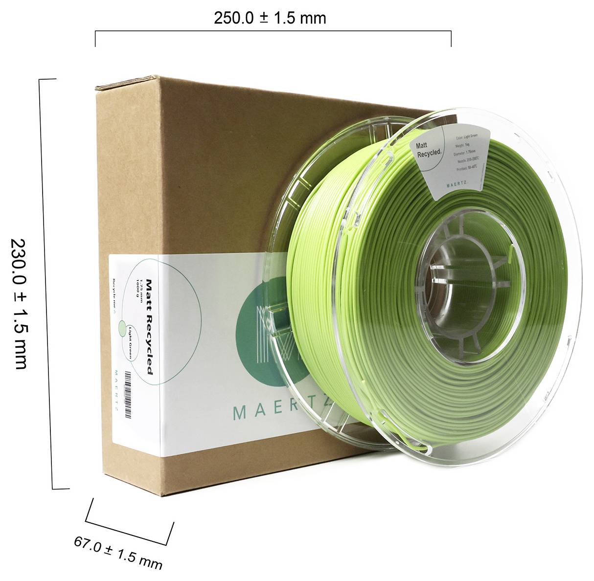 Green filament reel standing on cardboard box, Maertz logo visible. Dimensions: 250x230x67 mm ± 1.5 mm.