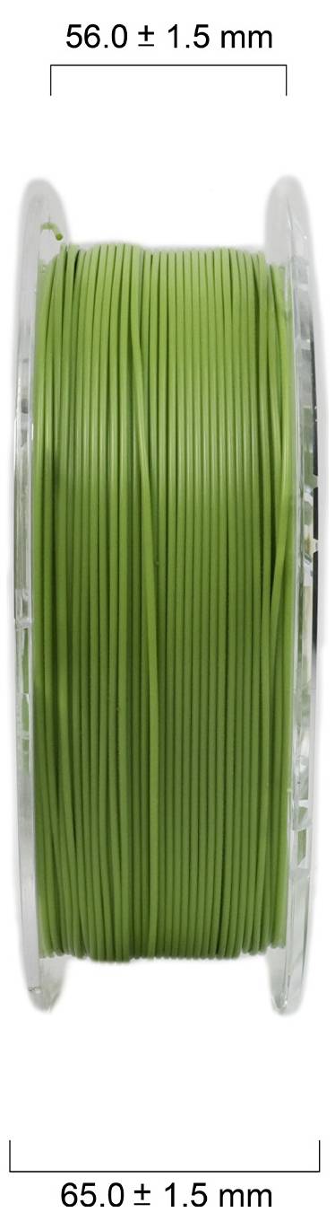 Green filament reel with a diameter of 56.0 ± 1.5 mm and a width of 65.0 ± 1.5 mm, on transparent spools.