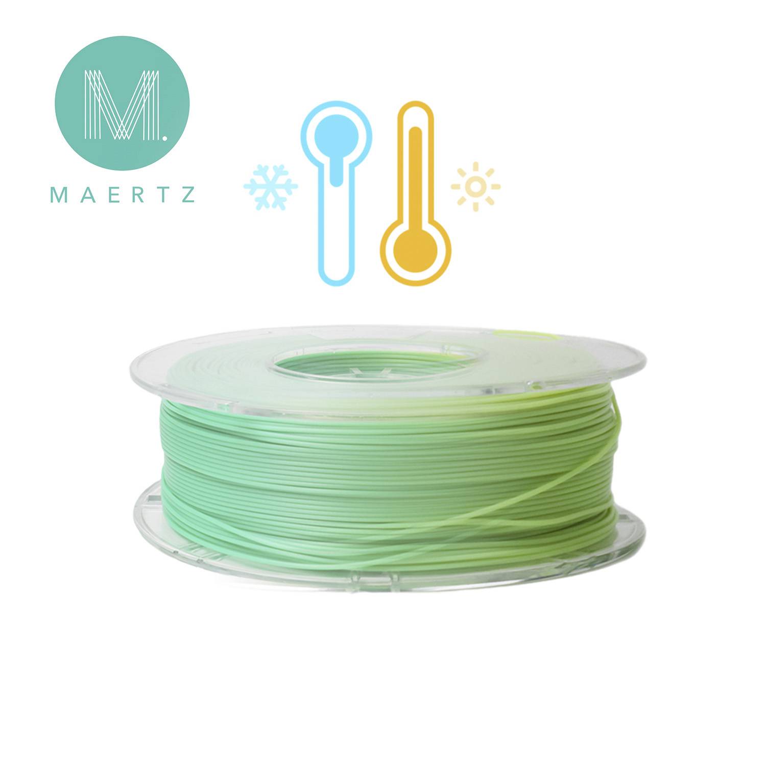 'Spool with green 3D printer filament from Maertz, temperature display icons above; blue symbol for cold, orange for heat.'