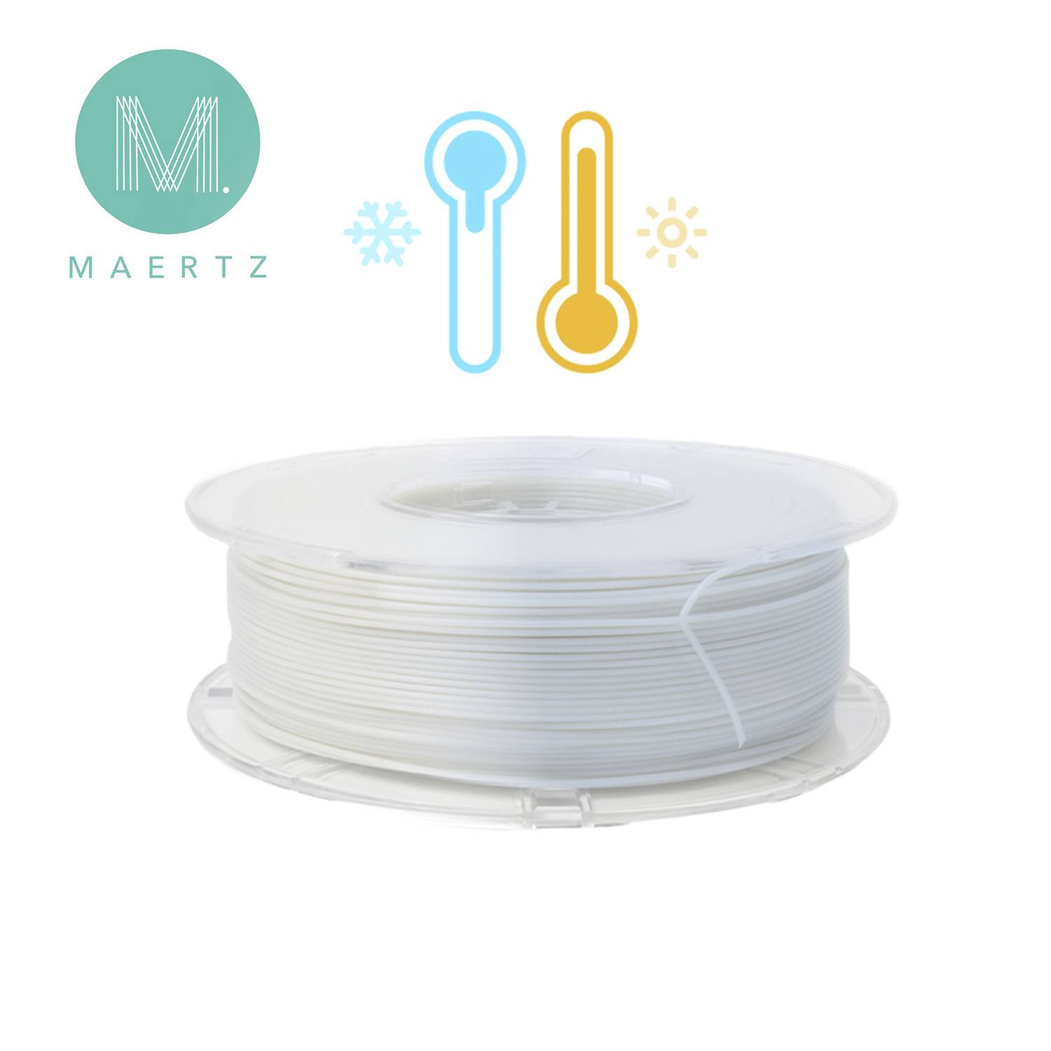 White filament spool in front of blue and orange thermometer symbol, with 'Maertz' logo in the top left corner.
